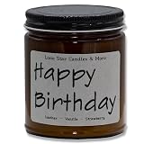 Leather & Lace, Lone Star Candles & More's Premium Hand Poured Strong Scented Soy Wax Gift Candle, Aroma of Genuine Leather & Creamy Vanilla, USA Made in Texas, Amber Glass Jars, 9oz Happy Birthday