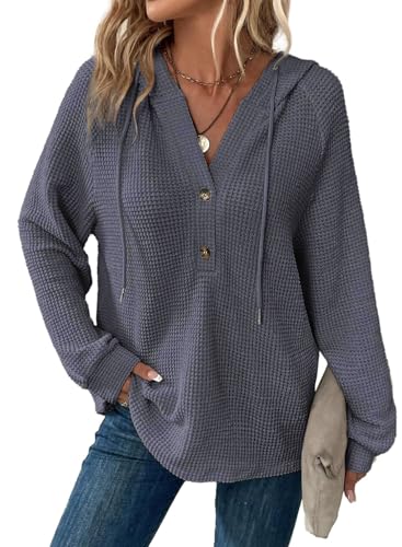 Sweat femme col V boutonné pull oversize en maille gaufrée respirante