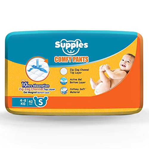 Image of Amazon Brand - Supples Comfy Diapers, Small (S), 42 Count, 4-8 Kg, 10 hrs Absorption and Cottony Soft Material Baby Diaper Pants