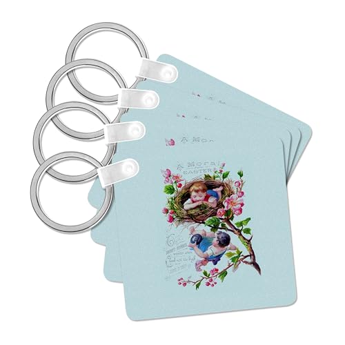 3dRose, Blue Victorian Floral Vintage Easter Egg And Children Illustration, set of 4 Key Chains