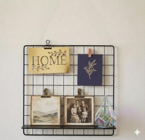 Image of Metal Wire Grid Photo Display Frame for Wall, 30 x 30 cm Iron Mesh Memo Board | Wall Hanging Picture Organizer | Photo, Postcard, Note & Artwork Display Grid for Bedroom, Office & Home Decor (Black)