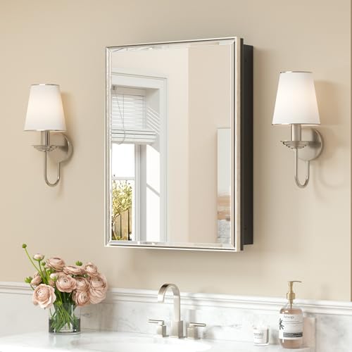 Image of Keonjinn 20 inch x 26 inch Brushed Nickel Medicine Cabinet with Mirror, Aluminum