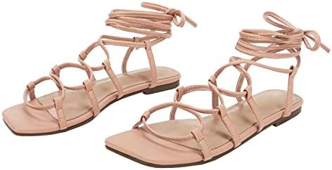 PiePieBuy Womens Lace up Strappy Sandals Criss-Cross Flat Gladiator Sandals Ankle Strap Square Toes Summer Shoes