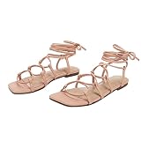 PiePieBuy Womens Lace up Strappy Sandals Criss-Cross Flat Gladiator Sandals Ankle Strap Square Toes