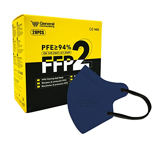 general merchandising 20 masques FFP2 certifiés CE | Masque FFP2 en 2 couleurs : Bleu, scellé individuellement PFE ≥ 94 (Bleu)