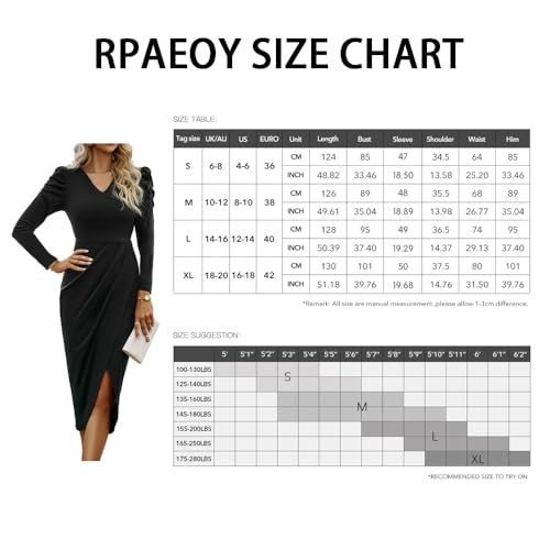 RPAEOY-Vestido-Mujer-Elegante-Cuello-en-V-Manga-Larga-Rushed-Bodycon-Abertura-Vintage-Lapiz-Vestidos-de-Fiesta-Invitada-Bodas-Noche-Negro-S