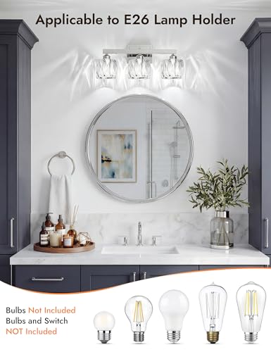 Image of VOLISUN Crystal Vanity Lights for Bathroom, 3 Light Bathroom Vanity Light, Modern Stainless Steel Bathrooms Lights Over Mirror, Chrome Bathrooms Lights Fixtures-UL Certificated(Exclude Bulb)