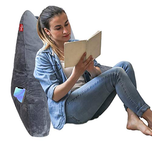 Reading & Bed Rest Pillow with Support Arms Pockets Low Rebound Memory Foam, Portable Backrest Cushion for Adults Reading Watching TV Sitting up in Bed, with Washable Soft Velor Cover (Gray)