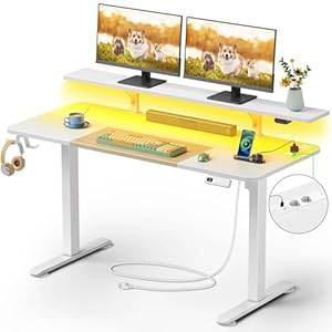 Höhenverstellbarer Schreibtisch 140×60 cm, Elektrischer Steh-Sitz Tisch mit LED, Steckdosen & USB-Ladeanschluss, Ergonomischer Gaming & Homeoffice Computertisch, Standing Desk für Büro