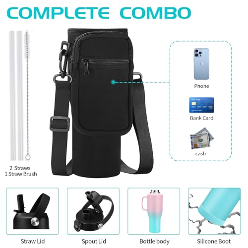 Image of 40 oz Insulated Water-Bottle that fits in Cup Holder - Straw & Chug Lid, Cold 48h /Hot 24h, Travel Coffee Tumblers with Handle & Strap Carrier Bag & Protective Boot, Leak Proof Metal Flask Cup