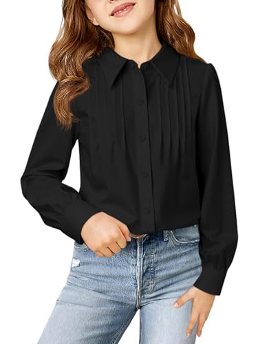 Haloumoning Girls Shirts Puff Long Sleeve Button Down Blouse Pleated School Uniform Dress Shirt Tops 5-14 Years