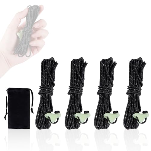 HIKEMAN Ultralight Tent Guy Ropes - 2mm Reflective Guyline,UHMWPE Camping Guide Rope with Luminescent Tensioner for Outdoor Camping Hiking Awning Tents (Black, 4M)
