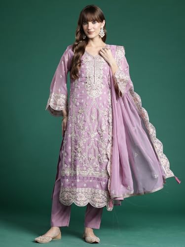 Image of INDO ERA Women's Straight Organza Ethnic Motifs Embroidered Kurta and Pant with Dupatta Set (KH9PH10614)