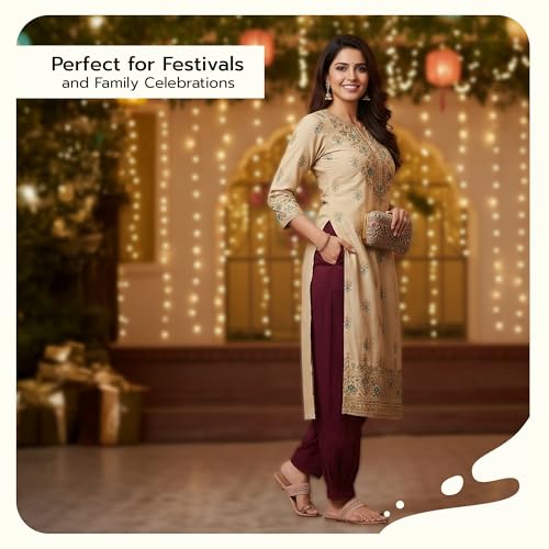 Image of Happy Bunny Women's Cotton Afghani Salwar with Lace Embroidery Detailing - Elastic Waist, Comfortable Loose Fit Bottoms for Casual, Ethnic