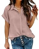 Pausus Women's Chiffon Blouse Solid Color Short Sleeve Loose Fit Button Down Collared Elegant Shirts