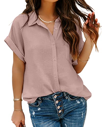 Pausus Women's Chiffon Blouse Solid Color Short Sleeve Loose Fit Button Down Collared Elegant Shirts Tops (Pink,L) #TOP5