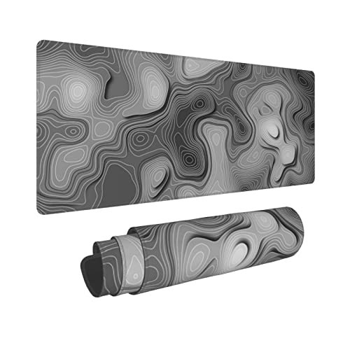 Image of 3D Topographic Map Mouse Pad Grey White Gaming Mouse Pad XL Desk Mat Large Desk Pad Non-Slip Rubber Base Keyboard Mouse Mat with Stitched Edges for Home Office Work