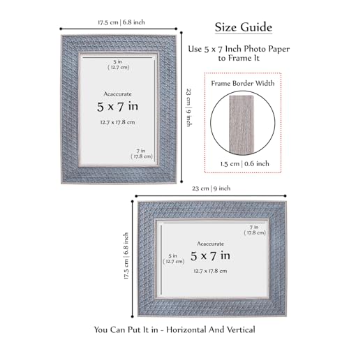 Image of GOLDEN PEACOCK Set of 2 Antique Grey 5x7 Photo Frames, Wall & Tabletop | Textured Picture Holders with Clear Glass Front for Family Photos, Office Display, Home Decor & Gifting