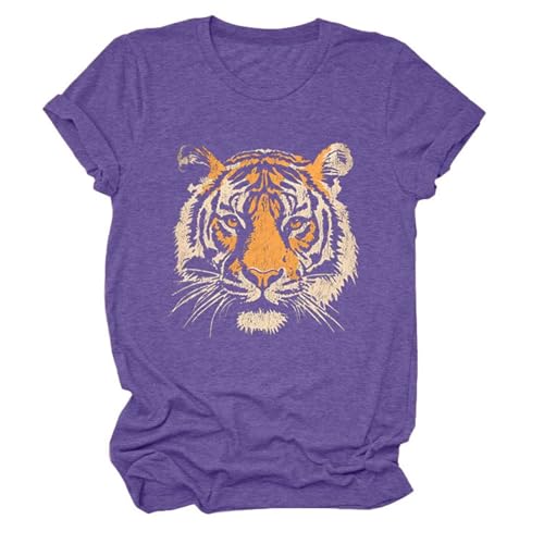 Tiger Printed T-Shirt Women Cute Animal Tiger Face Graphic Novelty Casual Comfort Crewneck Short Sleeve Tops