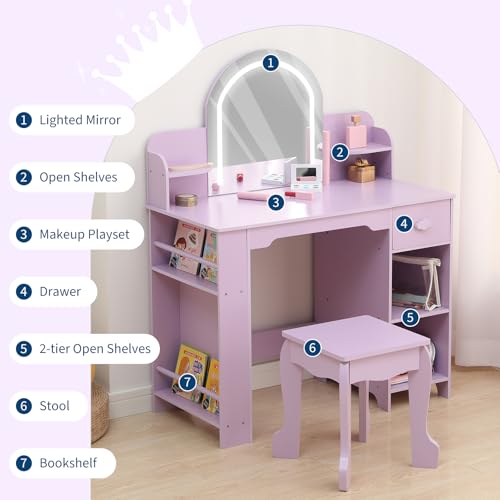Garvee Kids Vanity with Lighted Mirror & Stool, Little Girls Vanity with Adjustable LED Light, Bookshelf, Storage Drawer & Shelves for Girls 3-9, Purple