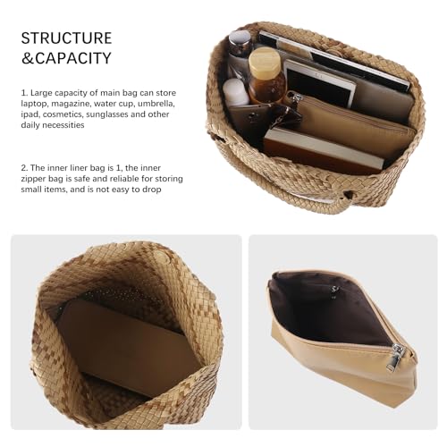 Image of Woven Tote Bag Womens Purse Vegan Leather Shoulder Handbags Fashion Summer Beach Tote Bags Large Travel Totes