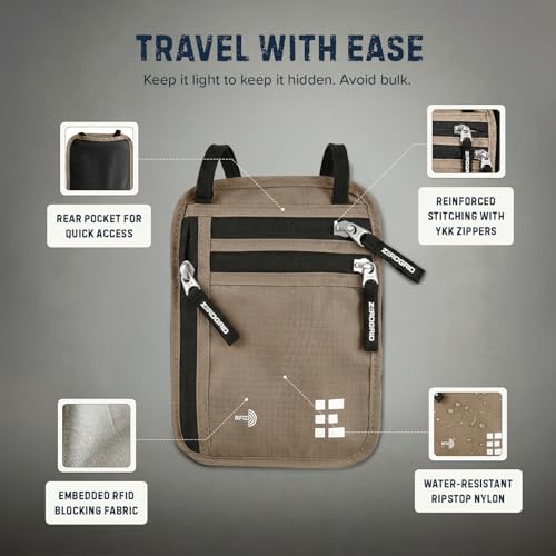 Image of Neck Wallet for Travel & Passport Holder with RFID Blocking - Slim & Easy to Conceal Nylon Travel Pouch for men & women - Holds Phone, Cash, Cards, Keys - Sweat & Water Resistant - Large - Beige