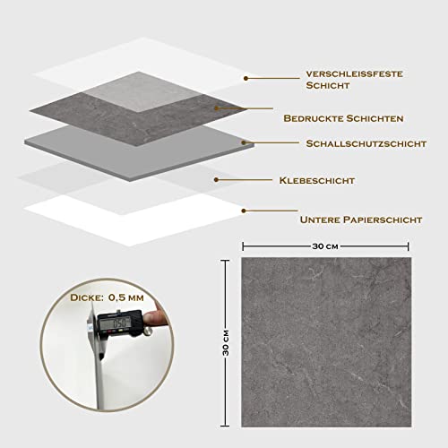 PVC Bodenbelag Selbstklebende Fliesen Dunkelgrau Marmor 30x30 cm, Fliesenoptik Vinylboden Bodenfliesen für Eingangstür, Wohnzimmer, Küche, Balkon, Abstellraum, 20 Stück 1,8 m²