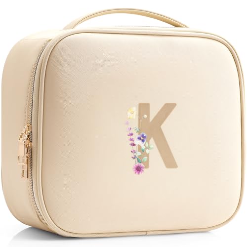 Vlando Travel Makeup Bag, Makeup Bag Organizer,Gift Ideas for Women Girls,Makeup Storgae Bag with Dividers and Handle,Gifts for Christmas,Birthday,Wedding Beige A.Beige M