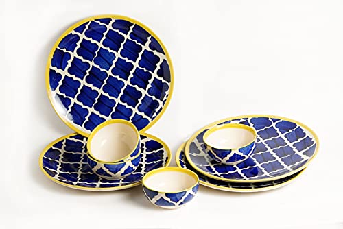 Image of Freakway Premium Moroccan Hand Glazed Dinner Set of 8 Pieces for Dinner with Bowls | 4 Dinner Plates and 4 Serving Bowl /katori | Microwave & Dishwasher Safe - Blue