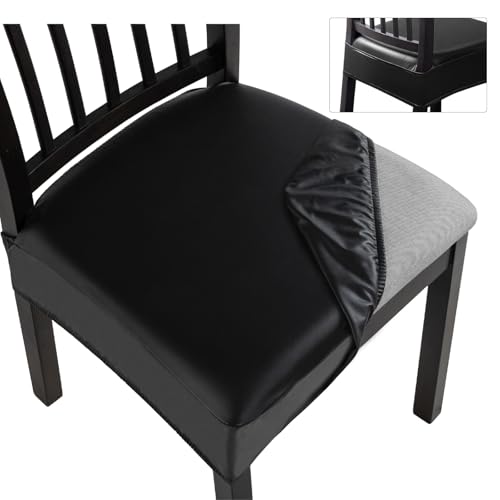 Image of SearchI Waterproof PU Dining Chair Seat Covers Set of 6, Soft Removable Washable Seat Covers for Dining Chairs, Dining Room Seat Cover Protector (Rear-Covered, PU Black)