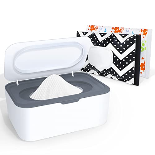 Image of Baby Wipes Dispenser, Wipe Holder with 2 Pcs Portable Travel Wipes Container, Refillable Diaper Wipes Pouch with Lids and Sealing Design, Flushable Bathroom Storage Case Box