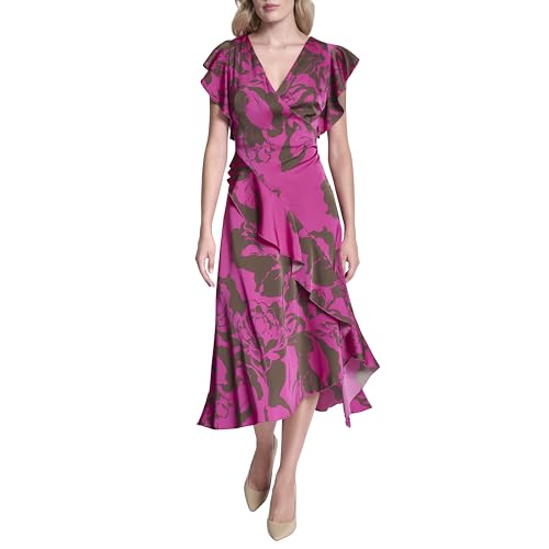 Image of DKNY Women's Ruffle Cap Sleeve Surplice Neck Fit and Flare Midi Dress