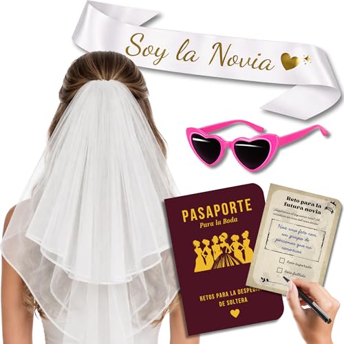 EQUIK PRODUCTS Despedida de Soltera – Kit con Velo Novia, Banda Bride to Be, Gafas de Corazones y Pasaporte de Retos | Disfraz Novia y Accesorios Graciosos para Bachelorette Party   Team Bride
