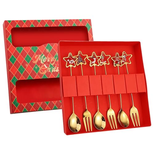 Juego de 6 cucharas y tenedores navideños, cucharas de té y tenedores de postre de acero inoxidable para agitar espresso para fiesta de Navidad, Año Nuevo juego
