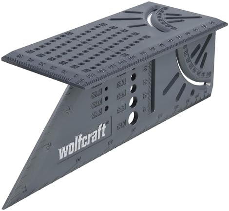 wolfcraft Squadra 3D, Utensile di Tracciatura per Pezzi Tridimensionali con Battute 45°/90°, Scala Millimetrata e Goniometrica e Calibro per Punte – 5208000