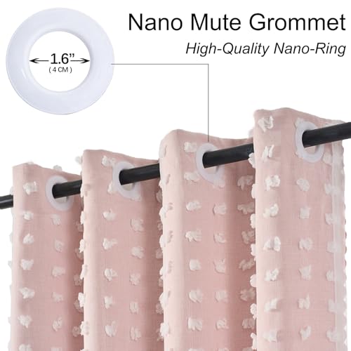 Image of Pink Blackout Pom Pom Sheer Curtain for Girls Bedroom 2 Panels, Double Layered Curtain with White Overlay, Light Blush Baby Toddler Nursery Curtains 63 Inch Length, Cute Boho Window Drapes