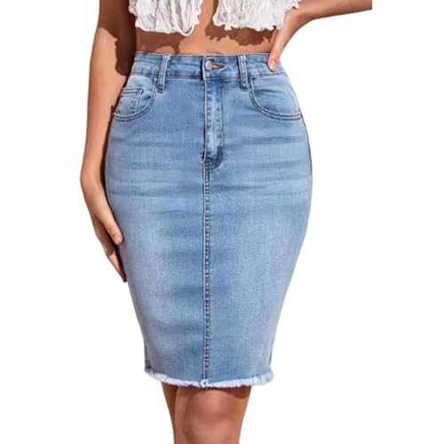Jupe bleue moulante taille haute avec poches et ourlet effiloché jupe crayon élégante