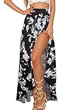  Walant - Vestido largo de playa con estampado floral, estilo bohemio, muselina de seda, irregular, con abertura, sexy, falda de cintura alta Negro 1. XL