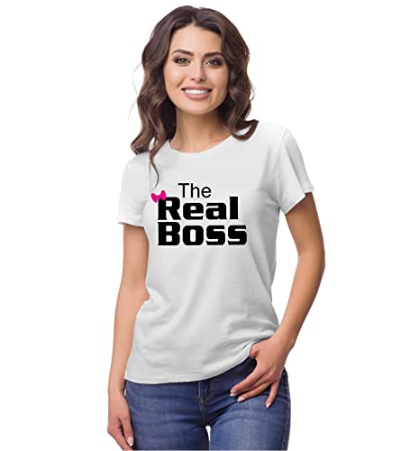 Image of Hangout Hub Hangout-Hub024$P Couple Tshirts for Couples | Printed The Boss The Real Boss T-Shirts | Men's and Women's Round Neck T-Shirt (Pack of 2, Cotton, Half Sleeves)