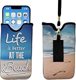 Tainada Men Women Neoprene Shockproof Phone Sleeve Pouch Carrying Case with Neck Lanyard, Belt Loop Holster for iPhone 17/16 Pro Max, 16e, 16 Plus, Samsung S25+, S24, Google Pixel 10 9a (Beach Quote)