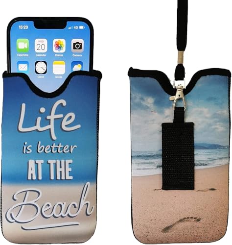 Tainada Men Women Neoprene Shockproof Phone Sleeve Pouch Carrying Case with Neck Lanyard, Belt Loop Holster for iPhone 17/16 Pro Max, 16e, 16 Plus, Samsung S25+, S24, Google Pixel 10 9a (Beach Quote)