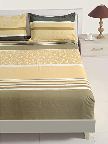 Image of Swayam Roto Cotton King Fitted Bedsheet with 2 Pillow Covers | Size 72 x 78 x 10 inch | 144 TC | Striped Design | Soft Breathable Bed Sheet | Comfortable & Durable for Bedroom - Yellow & Green