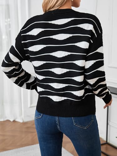 Image of Verdusa Women's Striped Button Up Cardigans Long Sleeve Crew Neck Knitted Cardigan Sweaters Black and White Small