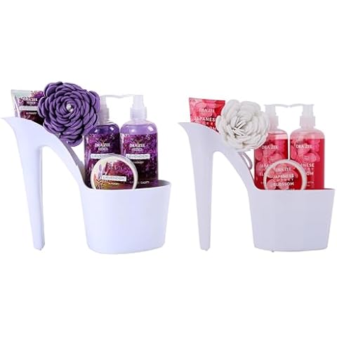 Draizee Heel Spa Basket For Women - 10 Pcs Cherry, Lavender Scent Scented Spa Bath Essentials w/ Spa Baskets for Women Shower Gel, Bubble Bath, Body Butter & Lotion, Soft Bath Puff Cover