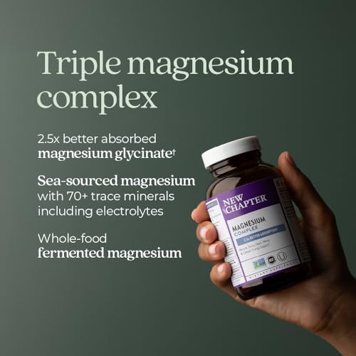 Image of New Chapter Magnesium Complex - Offers Muscle, Bone, Heart & Energy Support* - Contains Sea-Sourced, Fermented & Bisglycinate Forms of Magnesium - Non-GMO, Gluten Free - 325 mg Magnesium - 60 Tablets