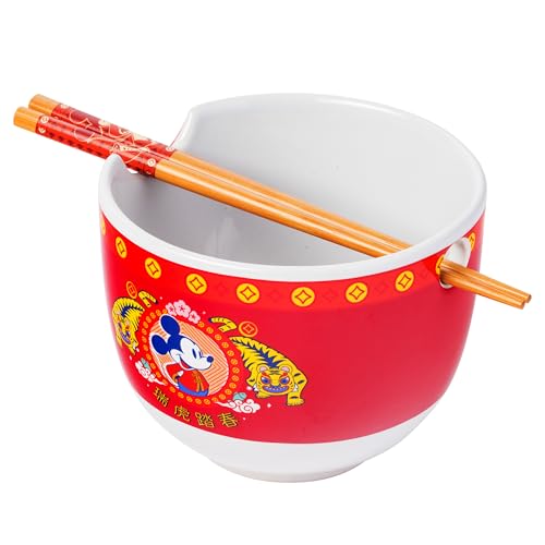 Silver Buffalo Disney Mickey Mouse Lunar Chinese New Year Tiger Ceramic Ramen Noodle Rice Bowl with Chopsticks, Microwave Safe, 20 Ounces