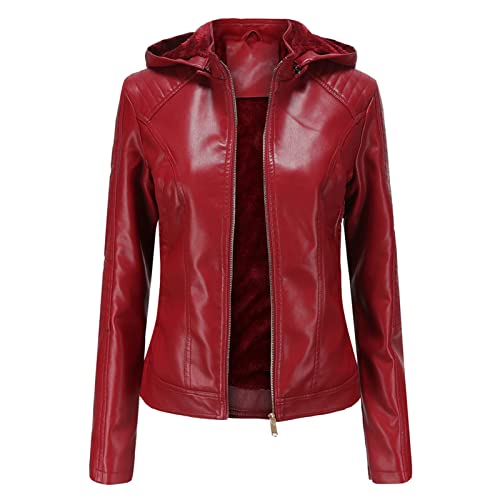 Veste de moto en cuir femme automne hiver coupe courte veste motard casual chaude avec capuche
