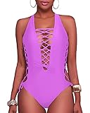 Holipick Women Purple Sexy One Piece Swimsuits Plunge V Neck Bathing Suits Lace up Monokini Strappy Cutout Swimwear L