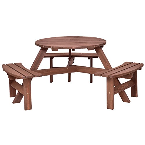 Giantex 6 Person Wooden Picnic Table Set with Wood Bench, with Umbrella Hold Design, Perfect for Outdoor Garden Yard Pub Beer Dining, Dark Brown