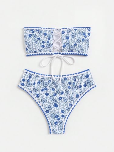 WDIRARA Women's Floral Print Strapless Lace Up Bikini Swimsuit 2 Piece Bathing Suit2